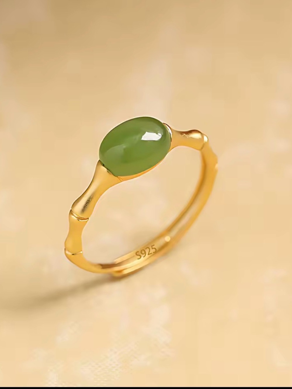 925 Gold Tone Sterling Silver Ring with Green Jade Oval Stone